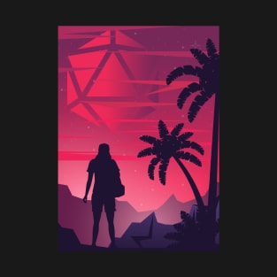 Synthwave Futuristic Polyhedral D20 Dice Sun T-Shirt