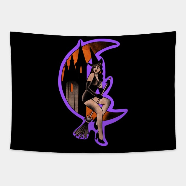 Traditional tattoo style Halloween witch pinup Tapestry by LEEX337