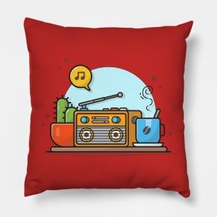 Old Radio with Coffee, Cactus Plant, Note and Tune of Music. Cartoon Vector Icon Illustration Pillow