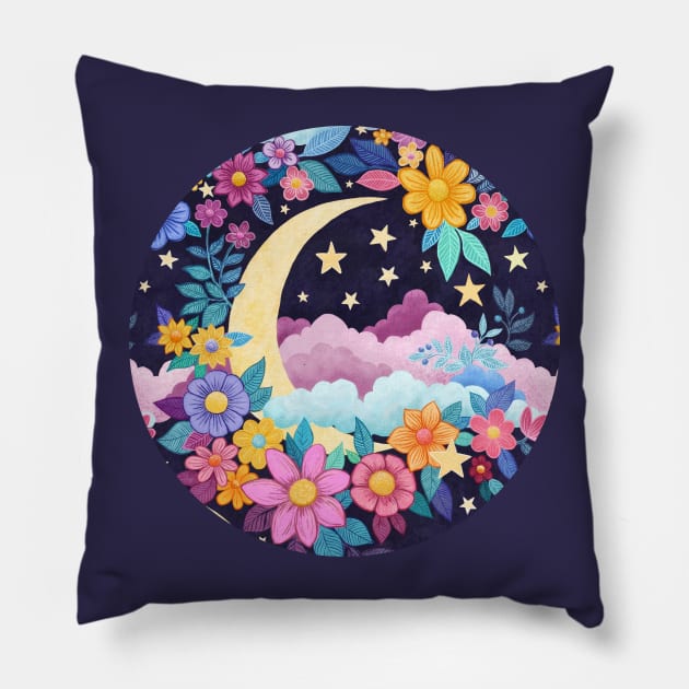 Whimsical Moon Floral Pillow by micklyn