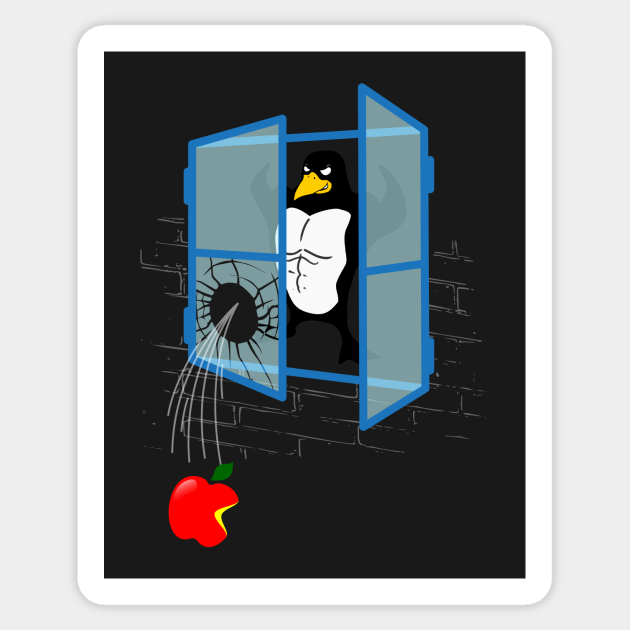 Brawny Linux Penguin Throws an Apple Thru the Window - Linux Tux Penguin - Sticker | TeePublic Brawny Linux Penguin Throws an Apple Thru the Window - Linux Tux Penguin - Sticker | TeePublic