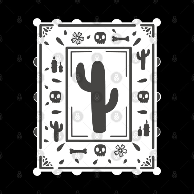 Día De Los Muertos - black skull - cactus - white - Papel Picado by Scriptnbones