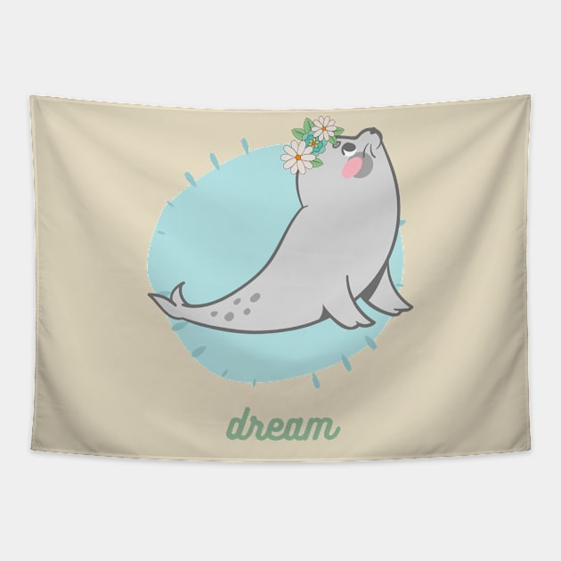 Dream - Cute Seal with Flower Crown Tapestry by CyndyK