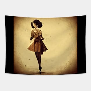 Sepia tinted vintage image of woman in a short dress on tiptoe. Tapestry