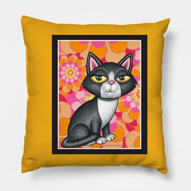 Cute Tuxedo Kitty with orange and pink flowers Pillow by Danny Gordon Art