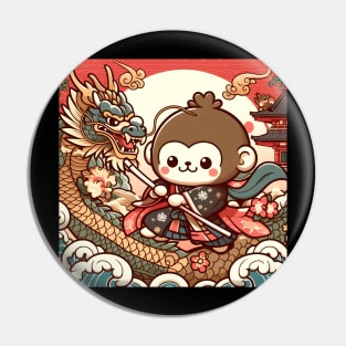 Monkey and Dragon Friendship during Edo Sunset Pagoda wave Classic Japanese Pin