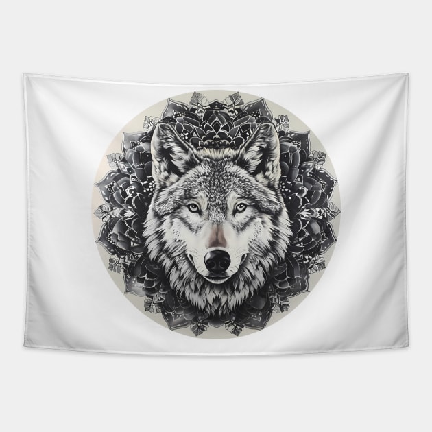 Mandala - Wolf B&W Tapestry by aleibanez