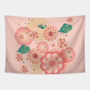 Beautiful floral elegant peony, blossom sakuras, lanterns Spring flowers peacock, pink floral decorative pattern. Cute Birthday Gifts. Chines New Year. Tapestry