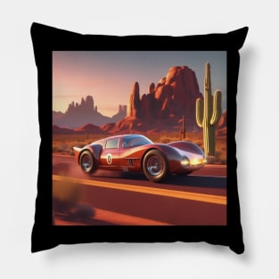 A Retro-Futuristic Racing Car Travelling Through The Arizona Desert At Dusk. Pillow