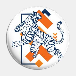 Retro 80s Orange and Navy Tiger on the Attack // Vintage Geometric Shapes Background Pin