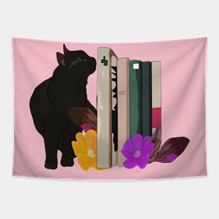 Black cat with books Tapestry