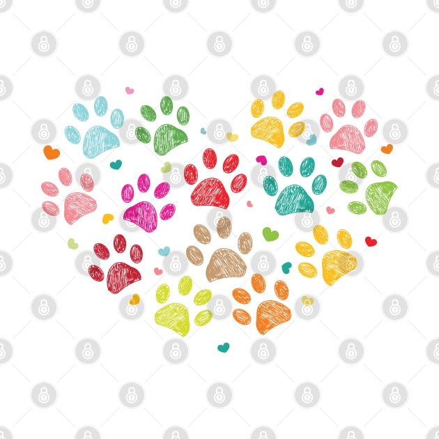 Colorful doodle dog paw print made of heart by GULSENGUNEL