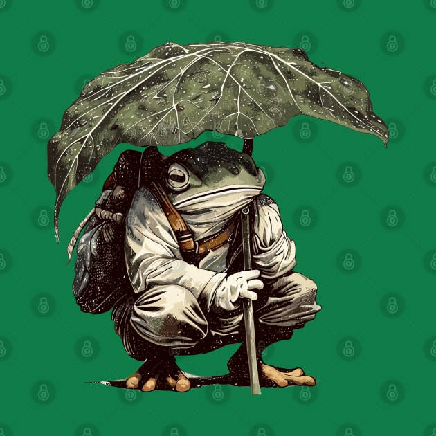 Retro Frog adventurer under leaf by TomFrontierArt