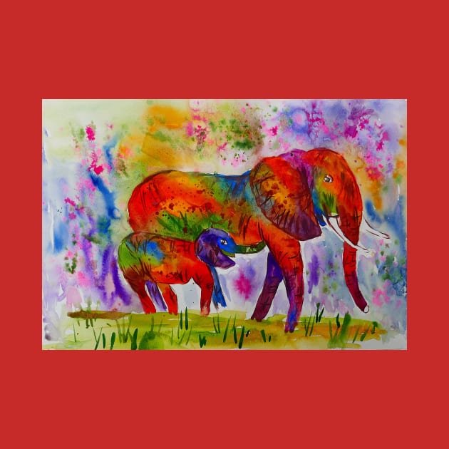 Colourful Mother and Baby Elephants by Casimirasquirkyart