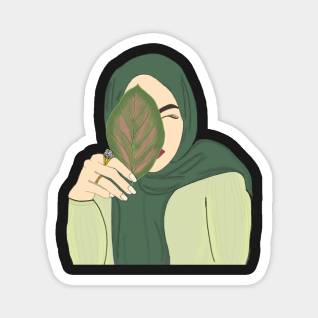 Hijabi Muslim Woman holding a Leaf Magnet by SanMade