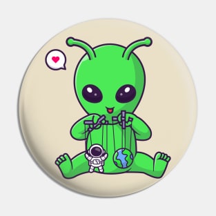 Cute Alien Playing Astronaut And Earth Puppet Cartoon Pin