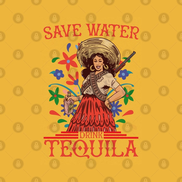 Save Water Drink Tequila - Funny Mexican Tequila Woman Art by Emmi Fox Designs