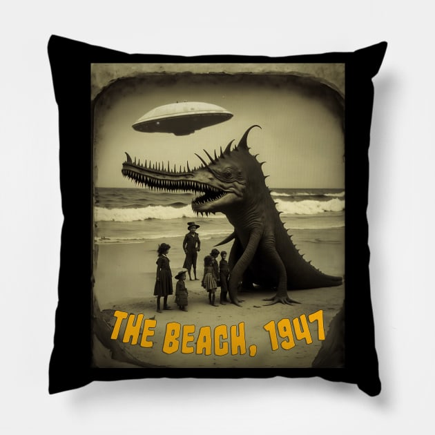 The Beach, 1947: Retro Science Fiction Alien Photography Pillow by Kye Chambers 