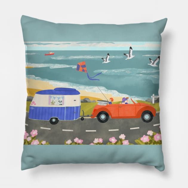 Family Road Trip in a Vintage Car and Caravan Pillow by NattyDesigns