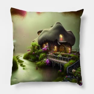 Sparkling Fantasy Cottage with Lights and Glitter Background in Forest, Scenery Nature Pillow