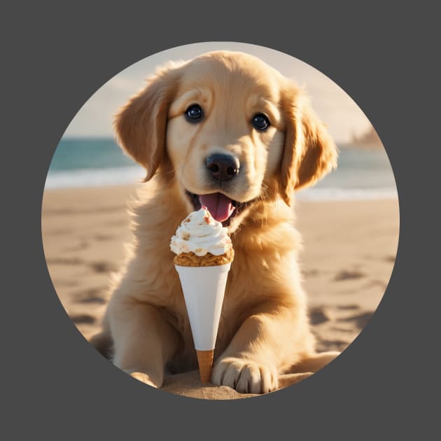 Cute Golden Retriever Puppy on a Beach With Ice Cream by Cre8tiveSpirit