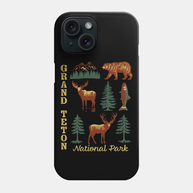 Grand Teton National Park Distressed Mountain Trees Moose Bear Fish DeerSouvenir Phone Case by Pine Hill Goods