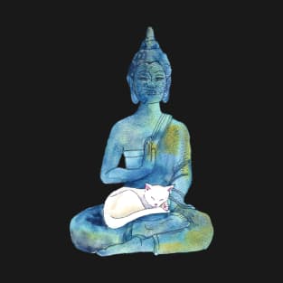 Watercolor Meditating Zen Buddha Statue with Sleepy Cat T-Shirt