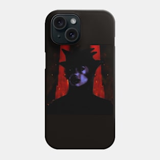 Beautiful girl in strange dark suit, with face mask. Red castle or rock on background. Red, blue. Dark, dim. Phone Case