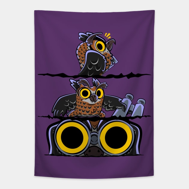 Hoo's There? | Funny Great Horned Owl Eyes Night With Binoculars Comic Tapestry by CrocoWulfo