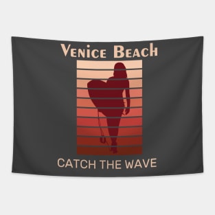 Venice Beach Catch The Wave Retro Sunset Graphic Design Tapestry