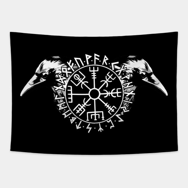 Hugin and Munin with Futhark and Vegvisir Tapestry by Modern Medieval Design