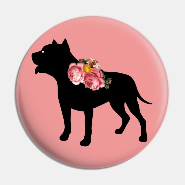 Pit Bull Dog Silhouette with Roses Pin by LizzyizzyDesign