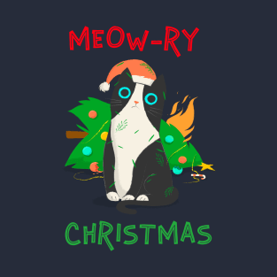 Meow-ry Christmas (Merry Christmas) Christmas Cat Tree Disaster T-Shirt