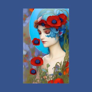 Dreamy pop surreal design of a pretty girl with blue hair flowers and red poppies T-Shirt