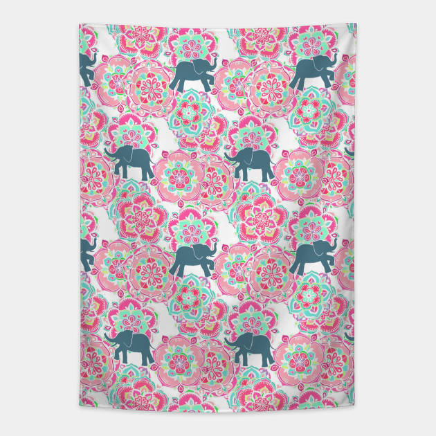 Tiny Elephants in Fields of Flowers Tapestry by micklyn