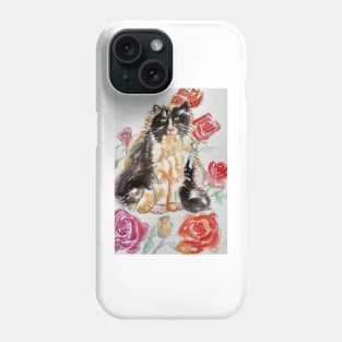 Tuxedo Cat Watercolor Painting and Roses Phone Case