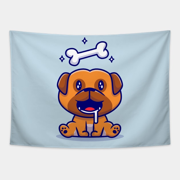 Cute Pug Dog Hungry With Bone Cartoon Tapestry by Catalyst Labs