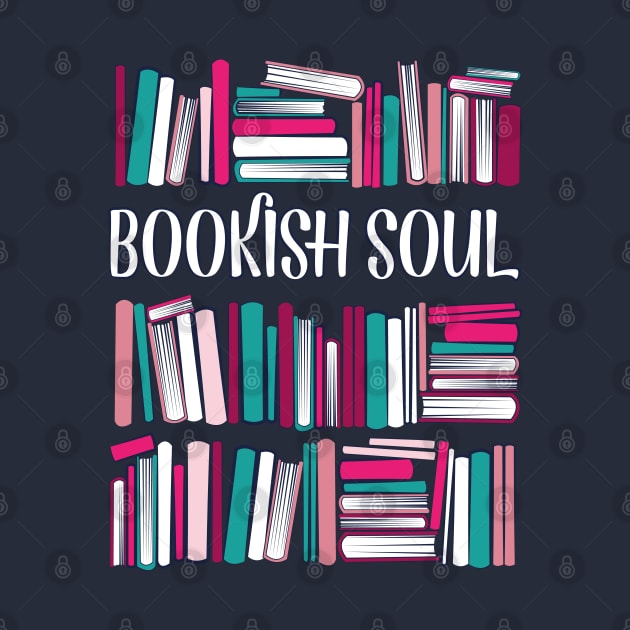 Bookish soul // oxford navy blue bookshelf background teal white fuchsia carissma and pastel pink books by SelmaCardoso