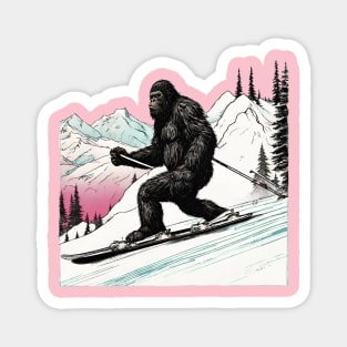 Funny Bigfoot Skiing Dad Bigfoot Believer and Ski in Mountain Magnet