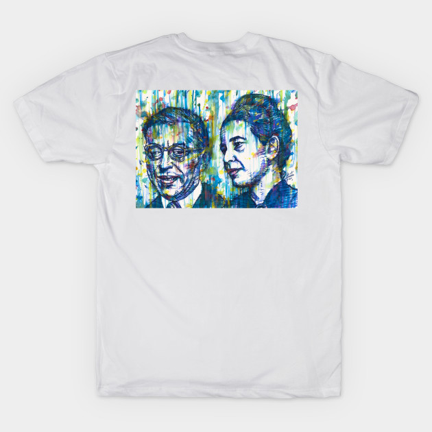 Discover SARTRE and SIMONE DE BEAUVOIR watercolor and ink portrait - Sartre - T-Shirt