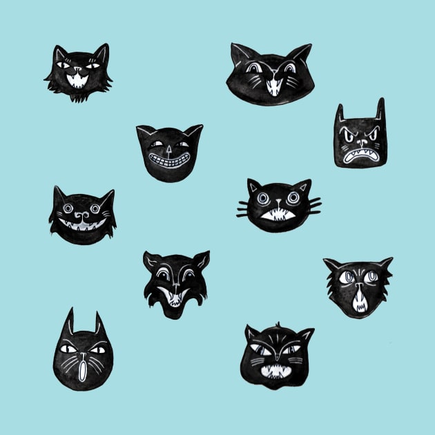 Vintage Halloween Cats in Baby Blue by SeaBayShop