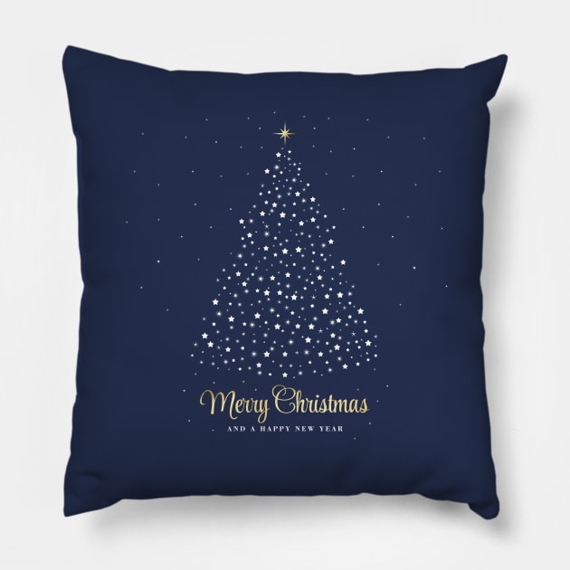 Merry Christmas and a Happy New Year. Minimalistic Christmas tree illustration. High quality Christmas blue white and gold starry illustration in minimalist style. Pillow by ChrisiMM