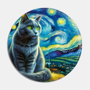 Russian Blue Starry Night Inspired - Artistic Cat Pin