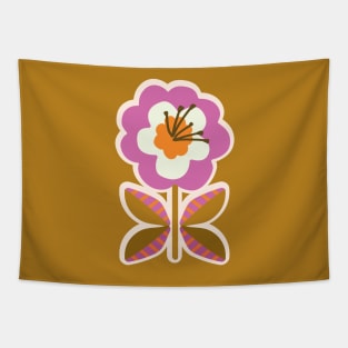 Purple and Marigold Retro flower rows on cream white background Tapestry