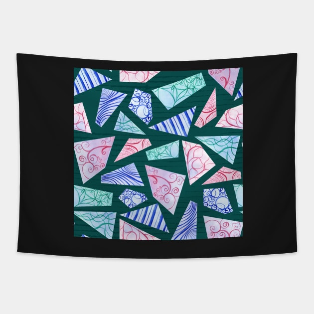 Pastel colored doodle watercolor polygon shapes on dark green Tapestry by nobelbunt