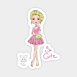 Pop Art girl in dress with cat Magnet