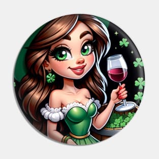 Pretty Irish Girl in green with shamrocks and a glass of wine Pin