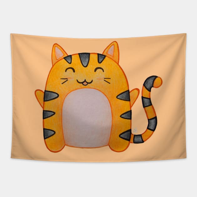 Happy Cute Tiger - An Orange Kawaii Cat Tapestry by Elinaana