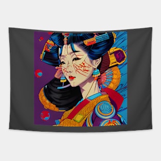 Cyber geisha illustration, colorful retro design Tapestry