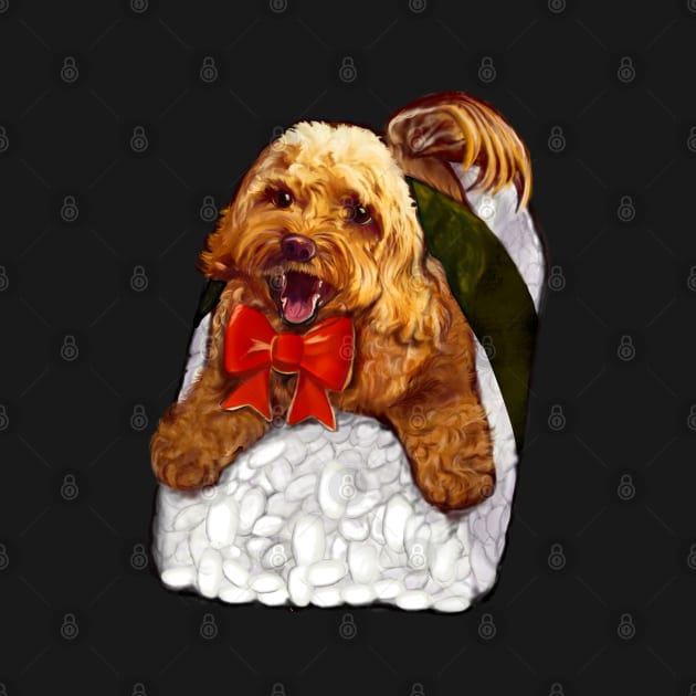 Sushi dog - Cute Cavapoo Cavoodle puppy dog with festive  red bow  - cavalier king charles spaniel poodle, puppy love by Artonmytee